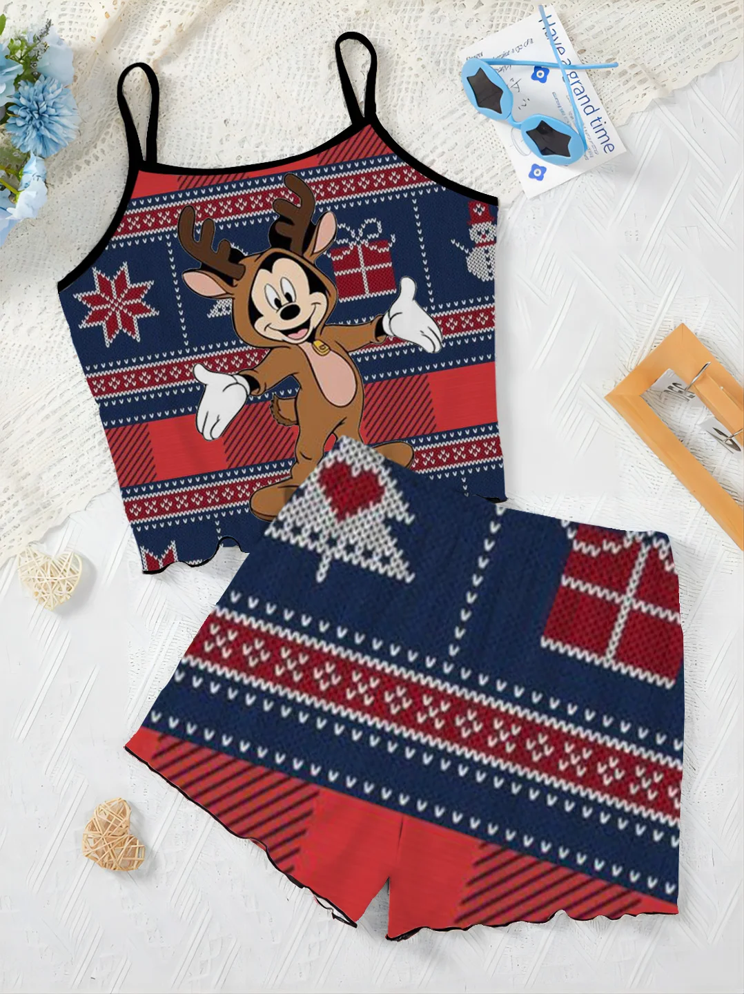 Camiseta de Minnie Mouse de Disney, vestido para casa, conjuntos cortos para mujer, traje de 2 piezas para mujer, falda de pijama, Top, adorno de lechuga, Navidad de Disney