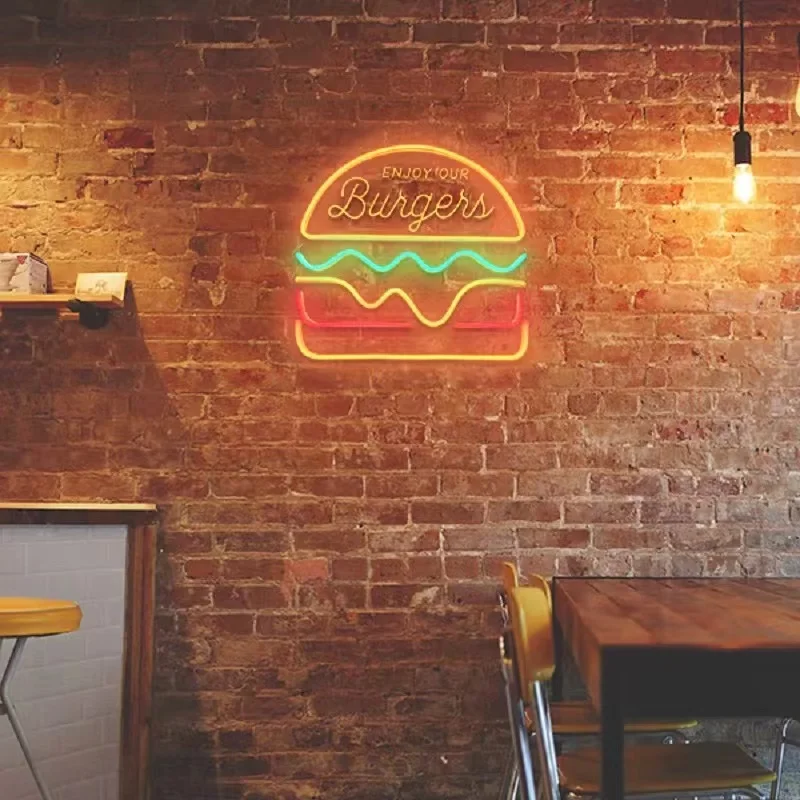 Neon Light Food Poster Signage Tin Painting Pizza Burger Advertising Plaque Restaurant Bar Club Shop Wall Art Decorative Panel