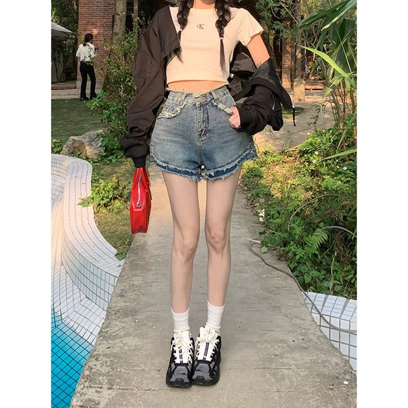 Retro design sense of raw edge high-waisted denim shorts female summer American loose thin wide-legged pint-sized hot pants