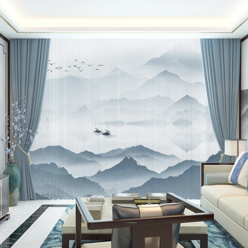 

Custom Chiffon Sheer Curtain Window Drape for Bedroom Living Room Mountain Hills River Boat Trees Landscape