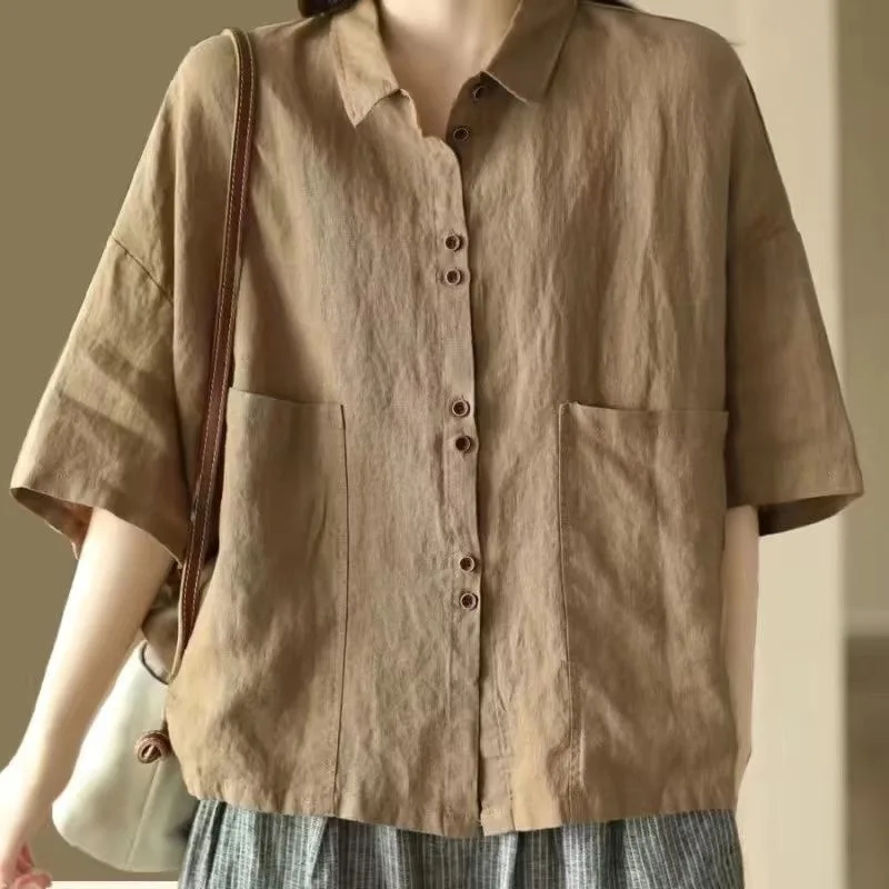 

Summer Casual Button Shirt Women Blouses New Mid-sleeve Loose Blouse Japanese Korea Design Ladies Solid Color Pocket Blusas Y2k