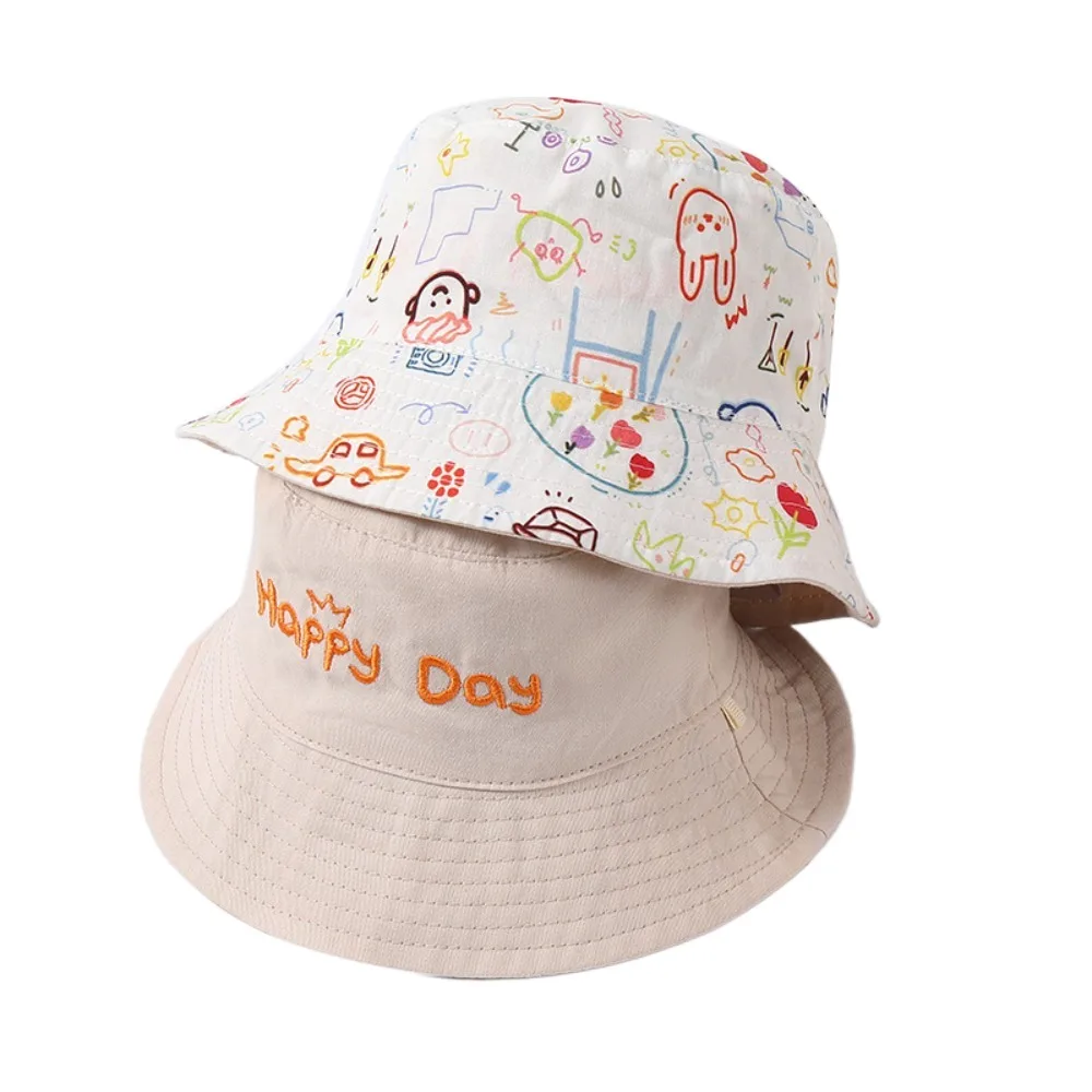 

Korean Style Double Sided Kid Sunhat Cotton Breathable Baby Shading Hat Letter Embroidery Anti-UV Children's Fisherman Hat Girls