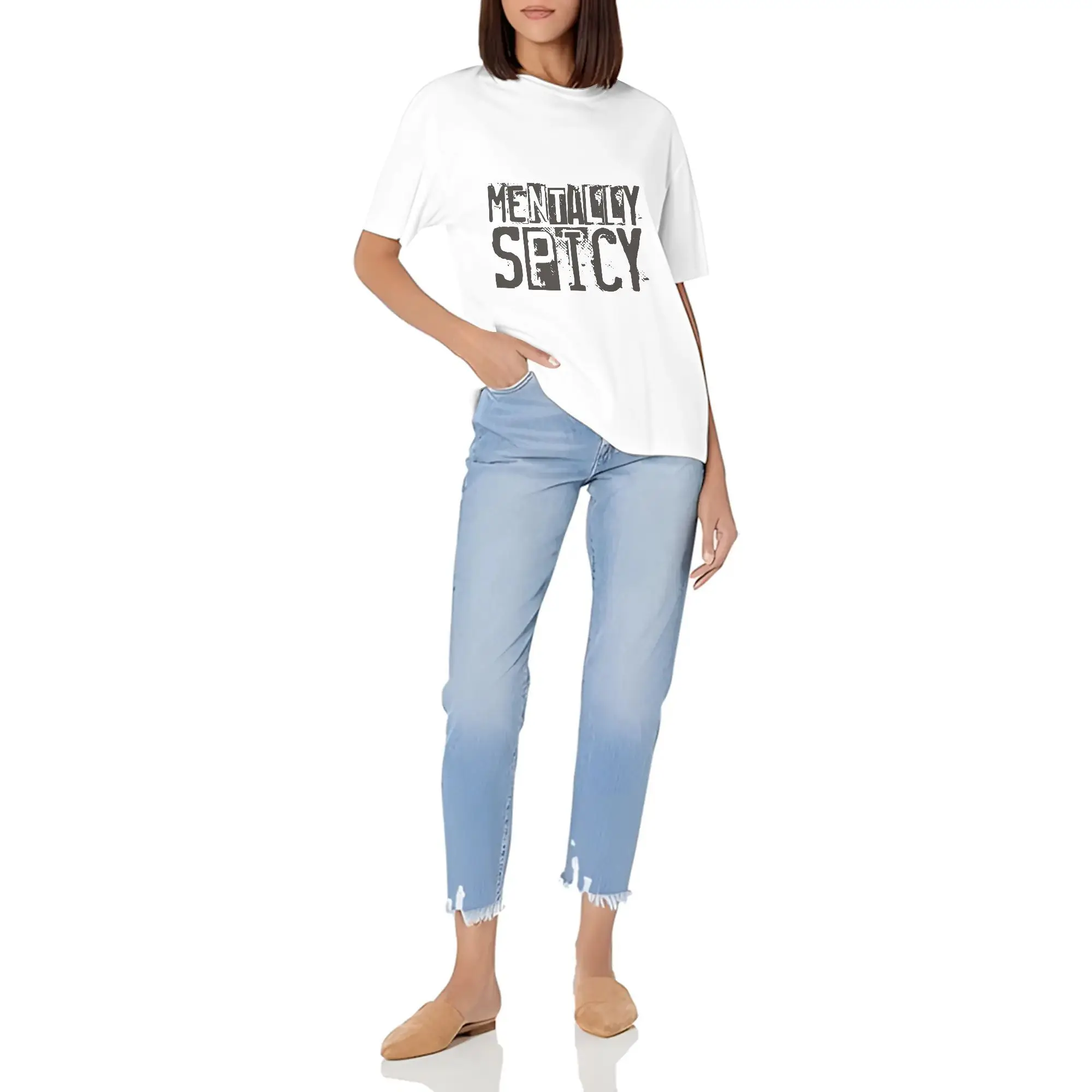WomenS Mentally Spicy Graphic Casual Short Sleeve Stretchy Polyester Blend, Everyday Crew Neck Glossy Texture Tee Shirt Top