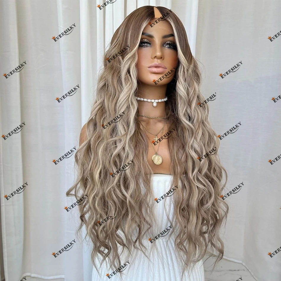 Glueless Human Hair Loose Wave Ash Blonde Highlight Balayage 200Density Brazilian Remy Hair U Part Wigs 1x4 Middle V Part Wig