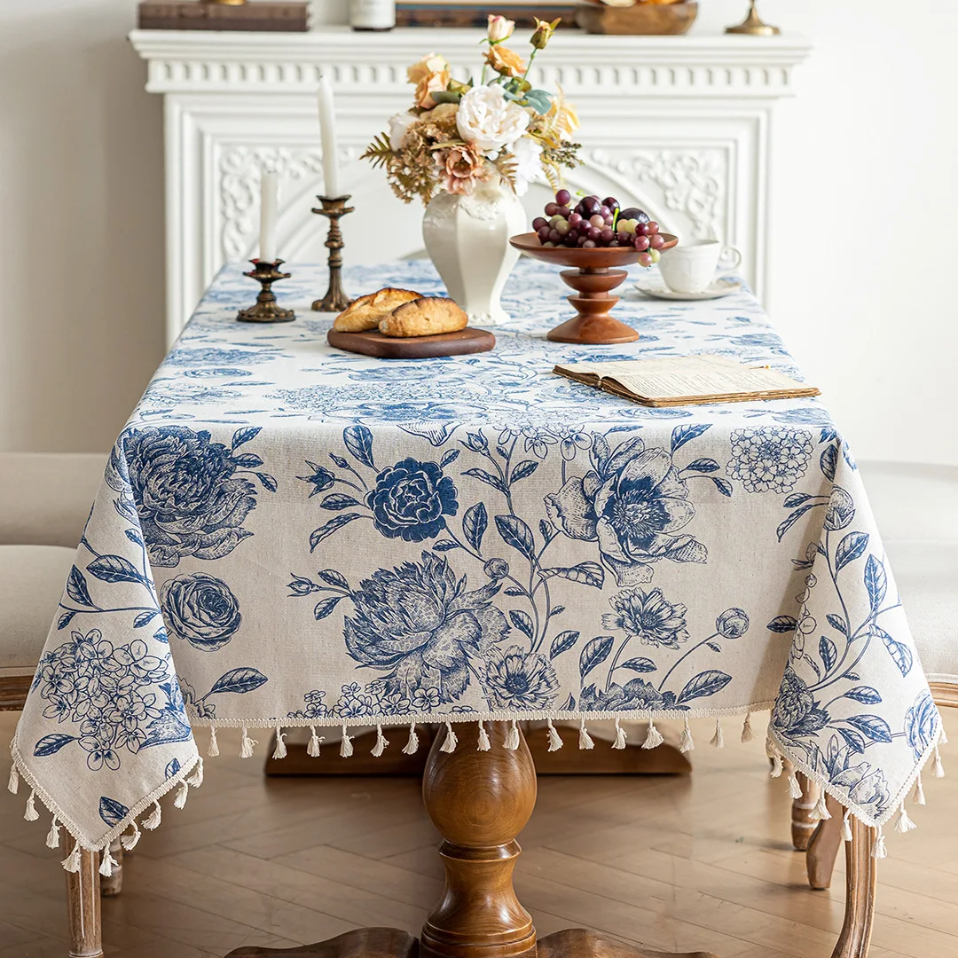 Blue Floral Tassel Tablecloth French Country Farmhouse Rectangle Square Round Table Cover for Dining Coffee Kitchen Decor