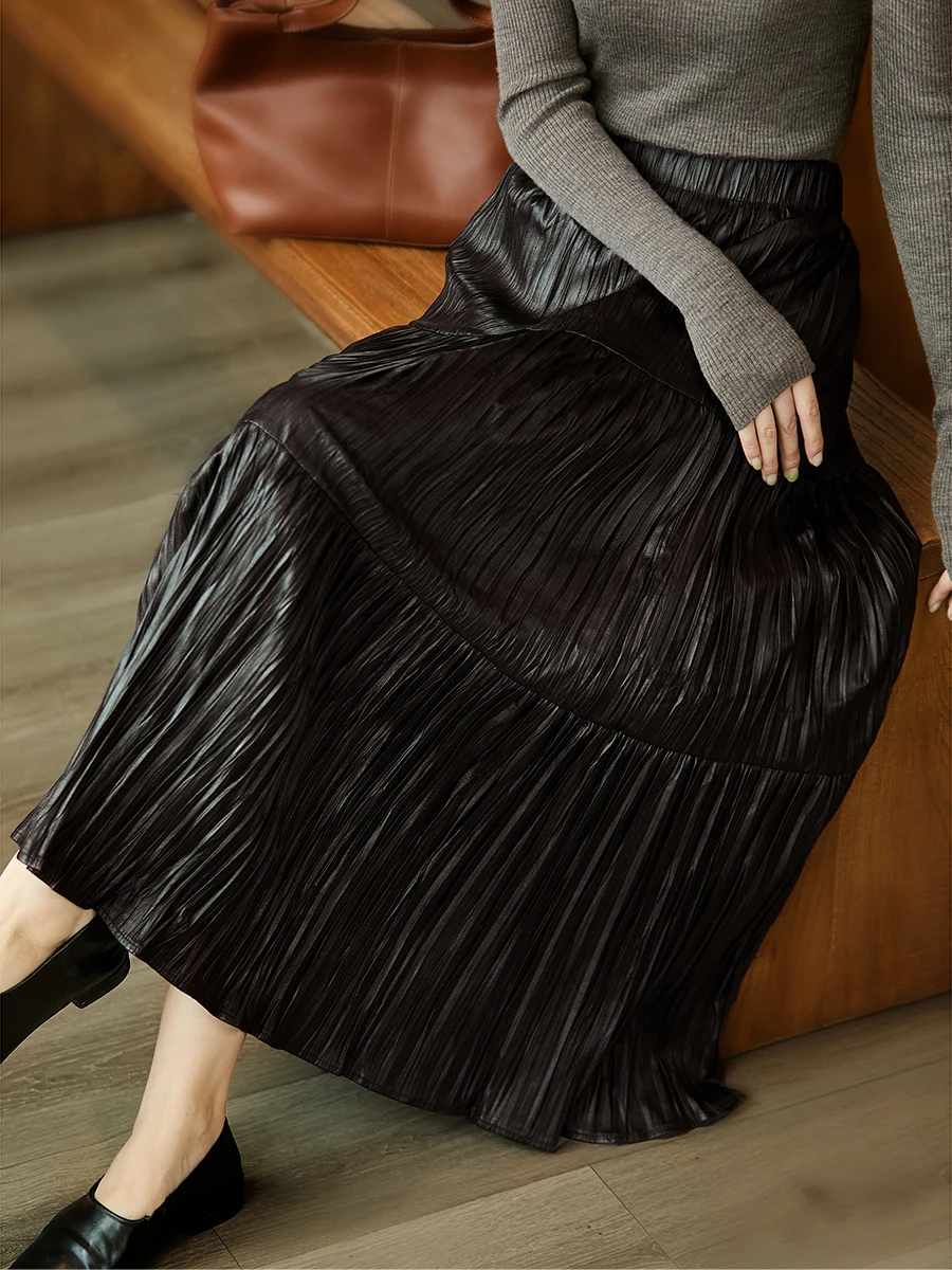 

Faionable PU Leather f Skirt with Elastic Waist Comfortable And Sli Commute Ready A-Line Skirt for Women