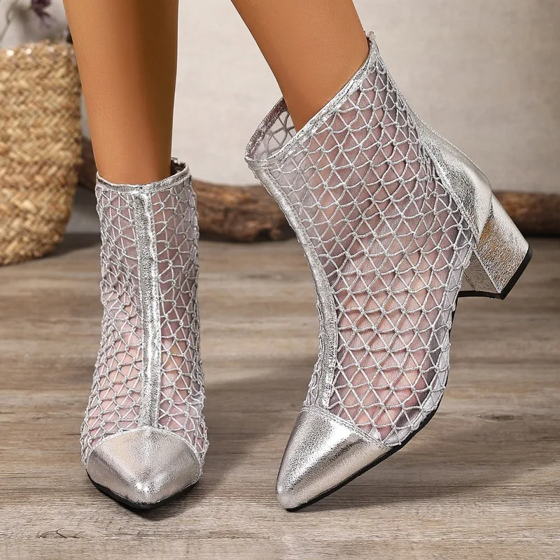Women's Mesh Ankle Boots Fishnet Hollow Out Pointed Toe Block Heel Booties Back Zipper Breathable Summer Silver Shoes