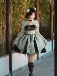 Chinese Style Retro Temperament Lolita Dress Sets Sweet Flower Embroidery Slim Mini Dress Flare Sleeve Short Coat Two-piece Set