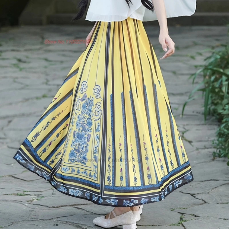 2025 chinese vintage skirt national flower print chiffon skirt traditional elastic waist a-line skirt ethnic folk dance suit