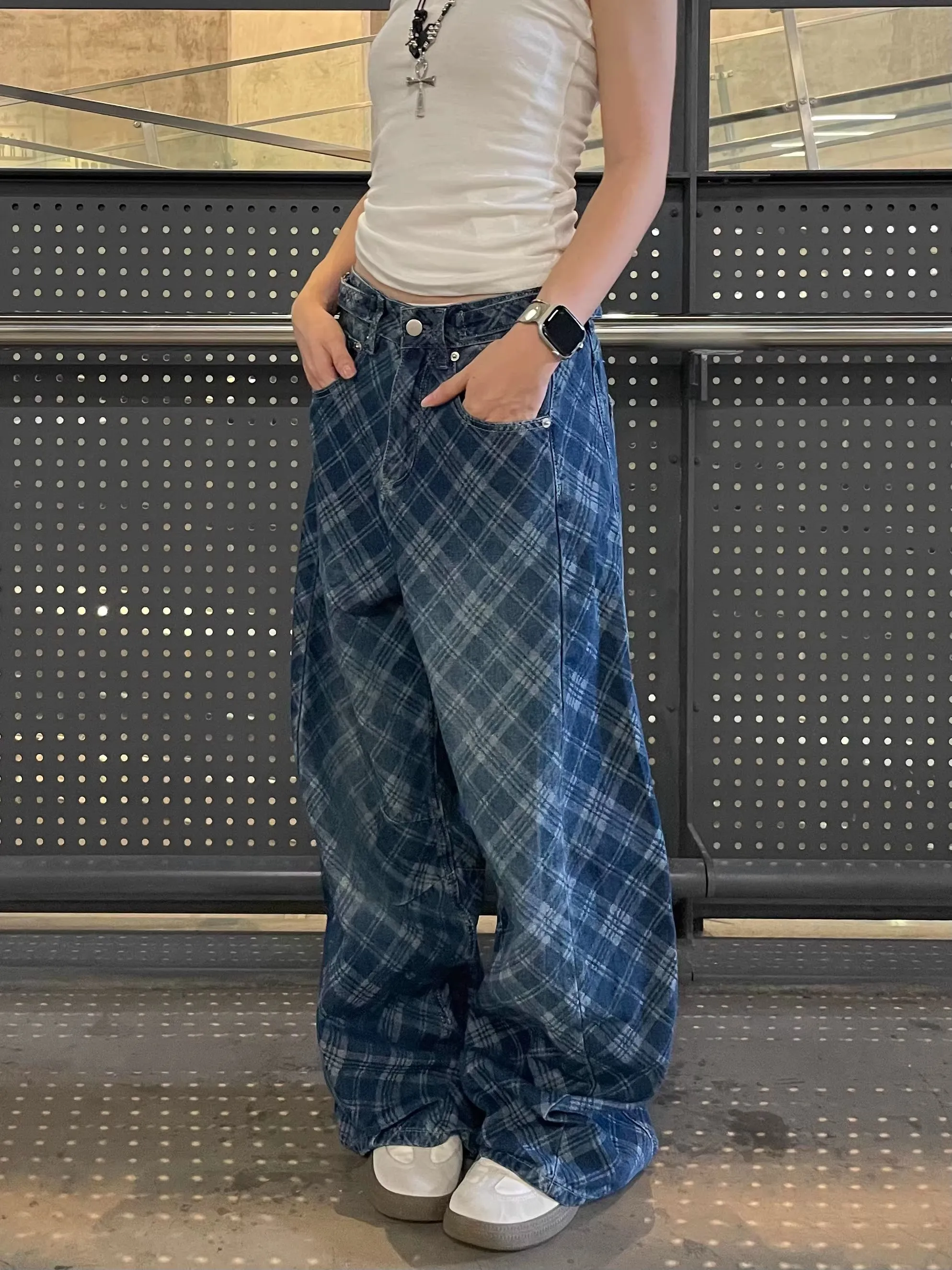 Retro American Washed Blue Grid Wide Leg Jeans Loose Casual Unisex Long Floor-Length Pants Straight Cut Natural Waist Denim