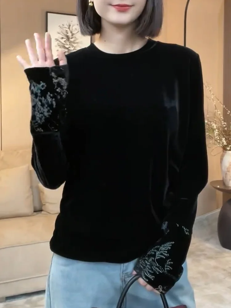 

Вельветовая облегающая блузка с длинным рукавом и круглым вырезом, модная, универсальная, осенняя новинка, больших размеров, элегантная, во французском стиле, женская.