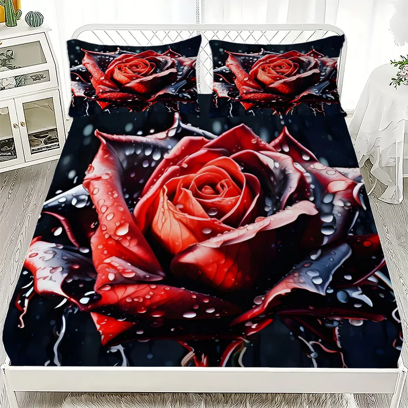 1 Stück Realistische Rote Rose mit Wassertropfen Spannbettlaken mit Tiefen Taschen Elastischer Matratzenbezug Einzelbett Doppelbett Queen King Schlafzimmer Deko
