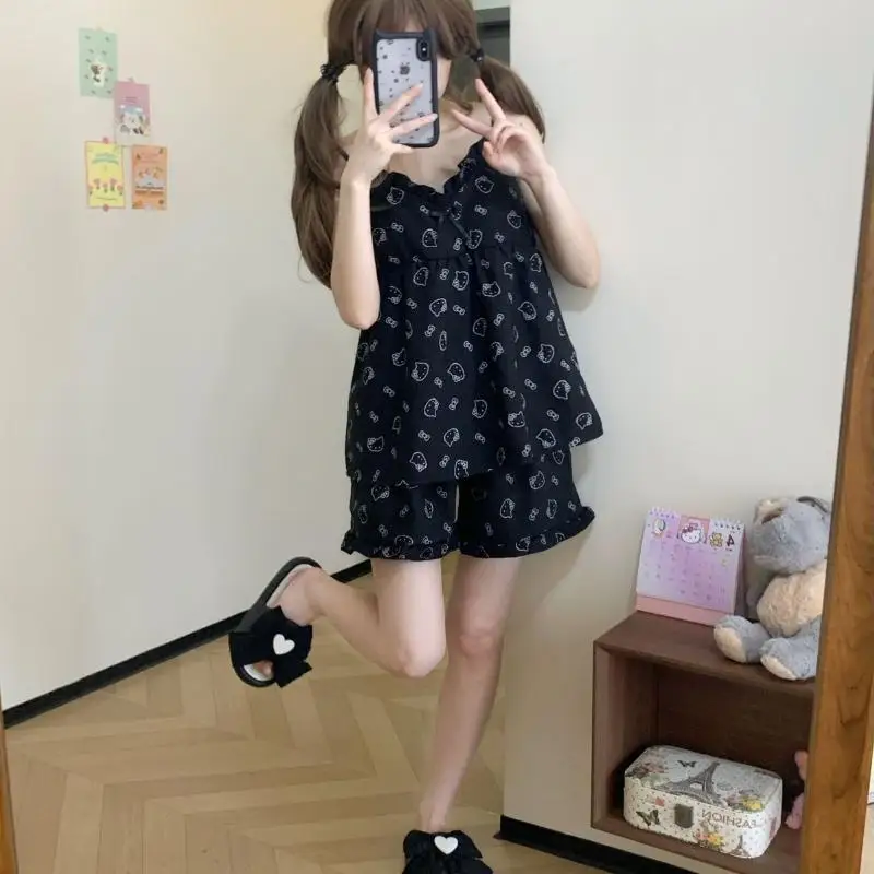 

Sanrios Cute Pajamas Hello Kittys Cartoon Suspender Suit Sweet Thin Cartoon Fashion Comfortable Breathable Gift for Girlfriend