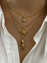 Peri'sbox Fashion Sparkling Rhinestone Starburst Seahorse Starfish Pendant Necklace High Quality Stainless Steel Women's Jewelry