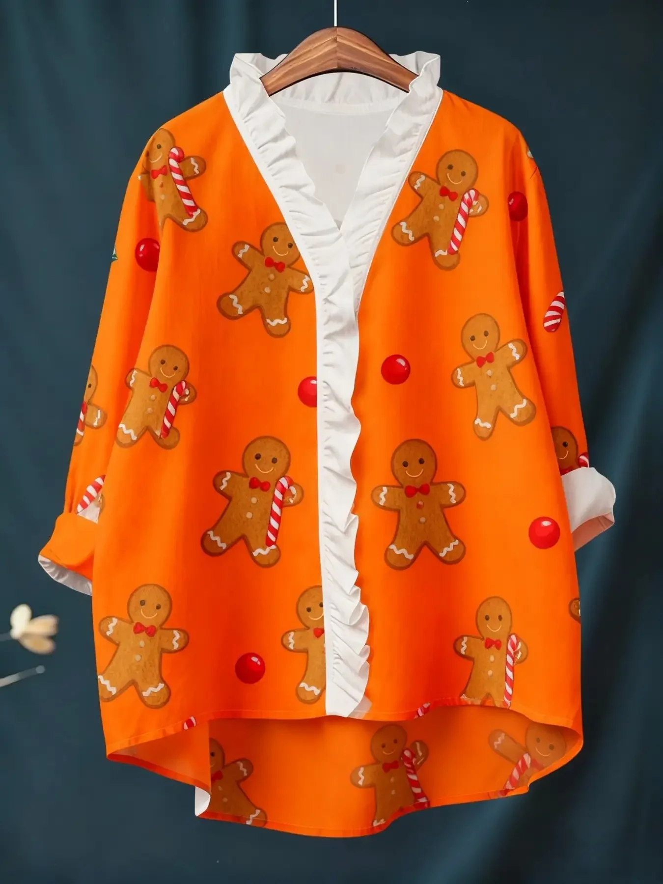 

2026 Women's Christmas Digital Printed New Long Sleeve Shirt with Ruffle Collar, Brown gingerbread man