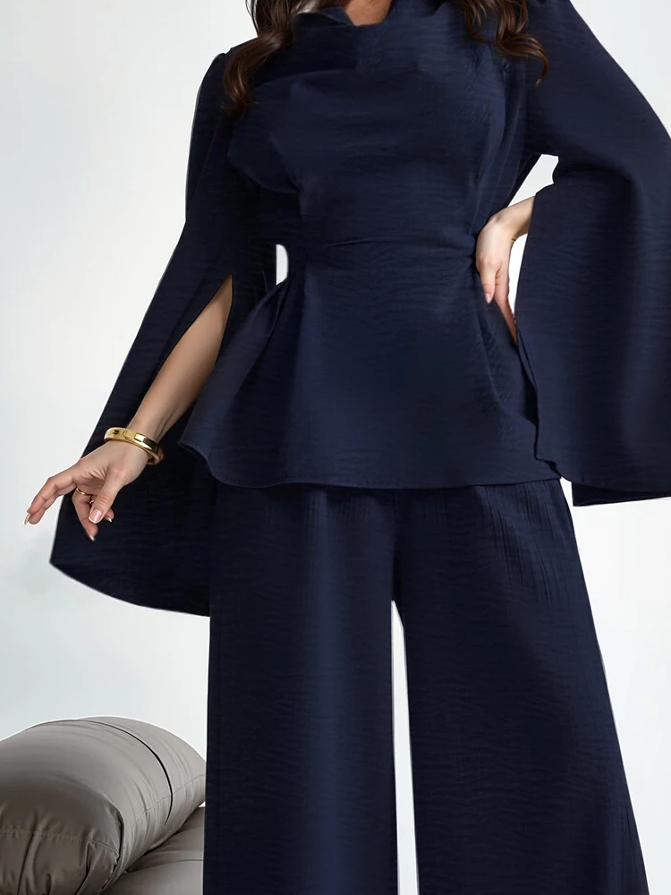 

Женский модный драпированный однотонный комплект из 2 предметов темперамента, элегантный костюм с высокой талией, сексуальный топ с v-образным вырезом и длинными брюками, наряды