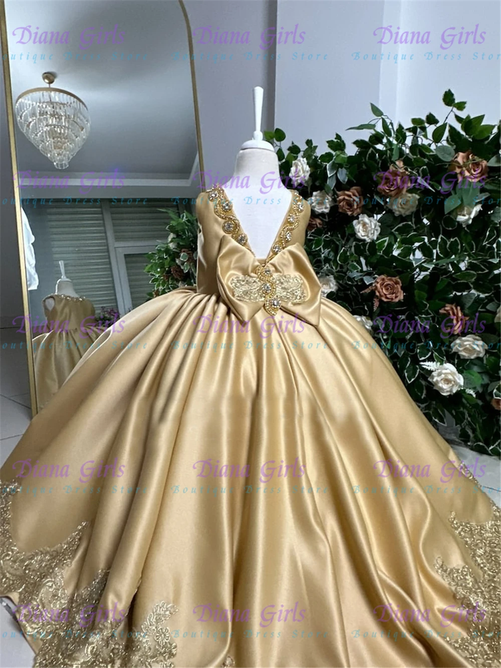 

Gorgeous Gold Flower Girl Dress Quality Satin Fluffy With Exquisite Applique For Weddings Kids Birthday Evening Ball Gowns
