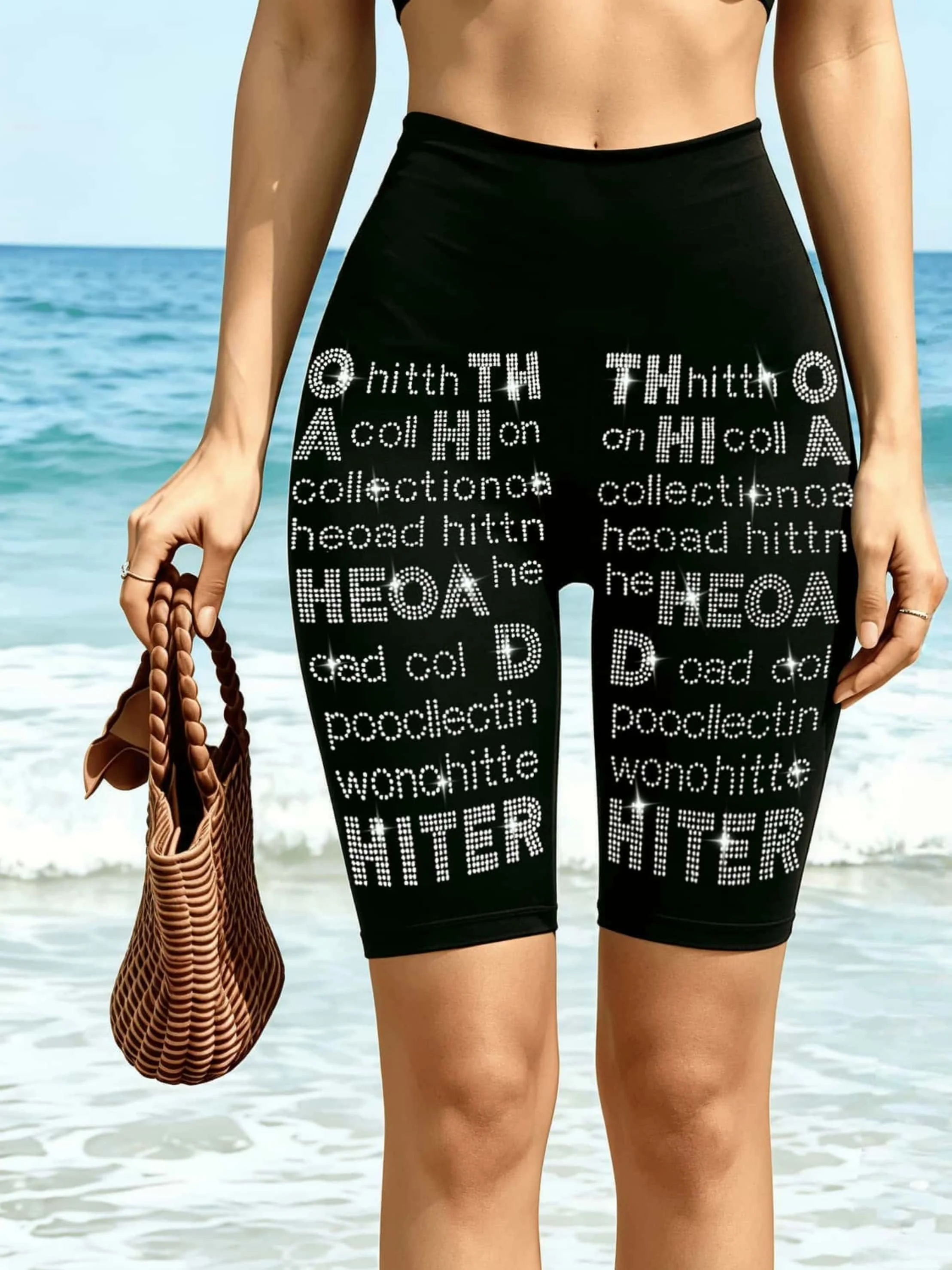 

Women's High Waist Rhinestone Letter Print Biker Shorts Stretchy Breathable Summer Beach Workout Shorts