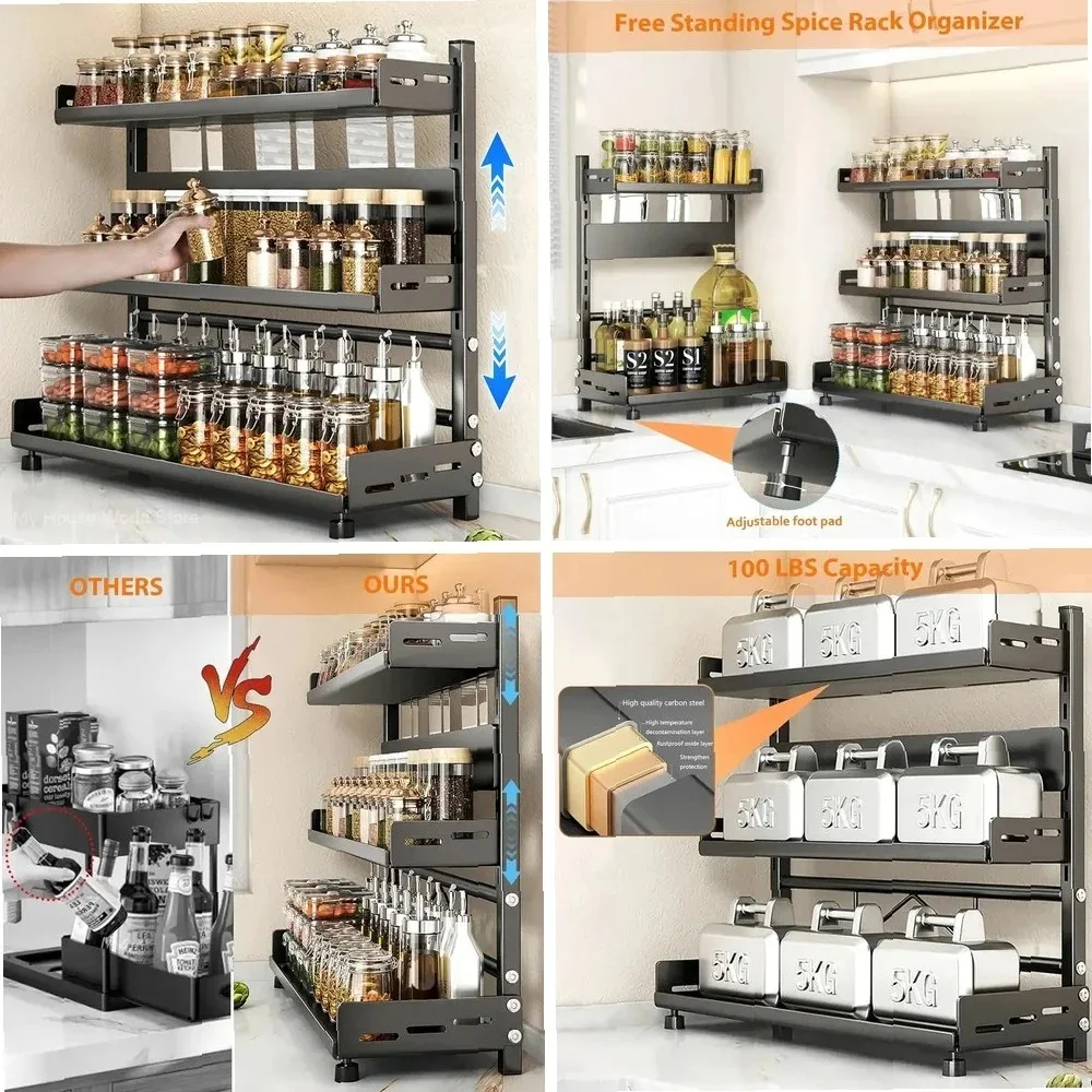 

3 Tier Adjustable Spice Rack Organizer, Metal Countertop & Cabinet Storage Shelf, Black