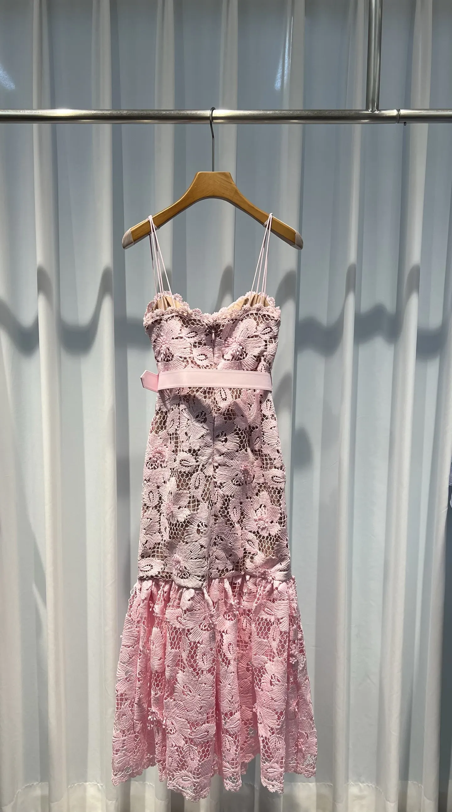 Pink Lace Embroidery Sling Robe for Women Square Collar Sleeveless High Waist Elegant Ladies Long Dress with Belt