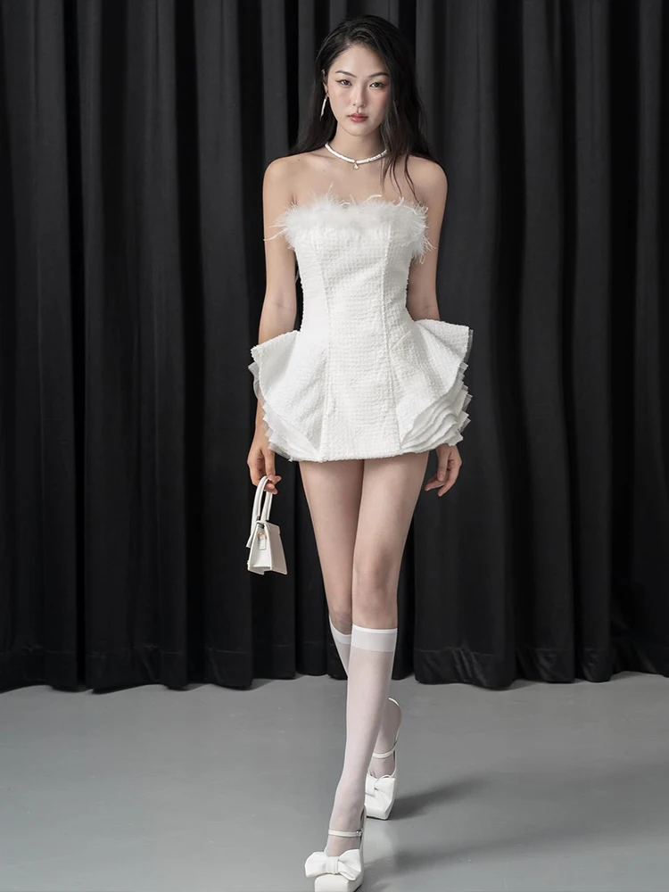 Kliou elegante moda mini vestidos mulher peludo retalhos peito envoltório sem costas em camadas hem festa de natal estilo hipster bodycon