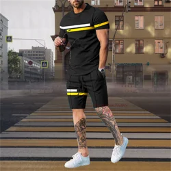 Fashion Men's Tracksuit 2 Piece Set Summer Stripe Sport Hawaiian Suit Short Sleeve T Shirt And Short Casual Fashion Man Clothing