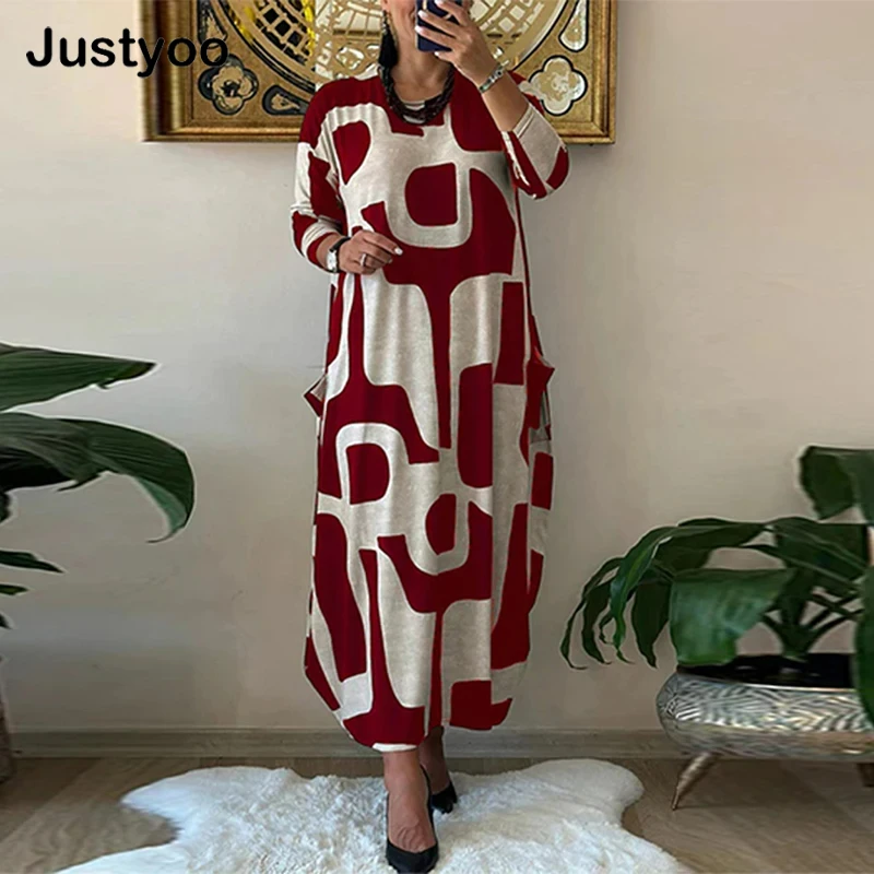 

Women's Long Sleeved Loose Pullover Dress 2024 Fashion Pattern Printed Pocket Dress Casual Office O-Neck Commuter Dress Vestidos