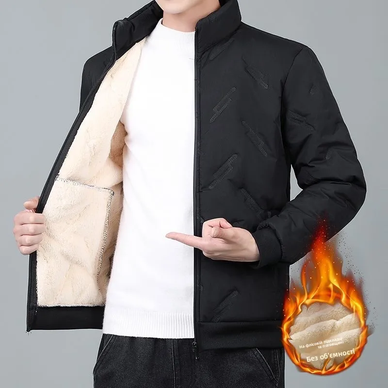 Sli Men's Cotton Jaet Lamb Velvet Fce Lined Stand Collar Windproof Waterproof Outerwear for Autumn Winter Outdoor