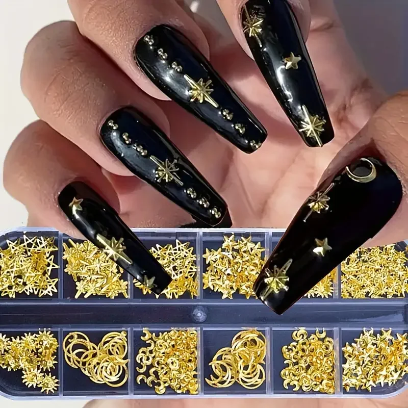 سحر الترتر مسمار معدني الذهب ، نصائح الفن مسمار 3D ل مانيكير الأعياد ، القمر ونجمة الأظافر #3