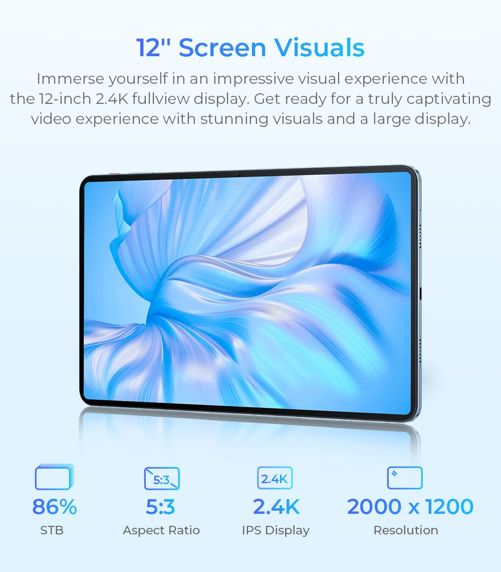 OUKITEL OT5S Android 14 Tablet - 12 Inch 2K Display, 24GB+256GB, 8250mAh, 16MP/4G Dual SIM/5G WiFi/TÜV/GPS/Includes Pen and Case