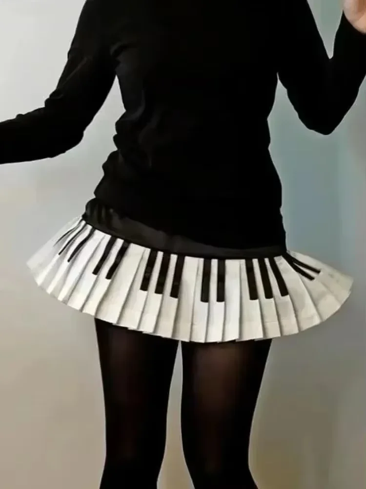 Vintage Black White Piano Skirt for Women Summer New Ruched Striped Pleated Mini Short Skirts Y2k High Waist Faldas Mujer Moda