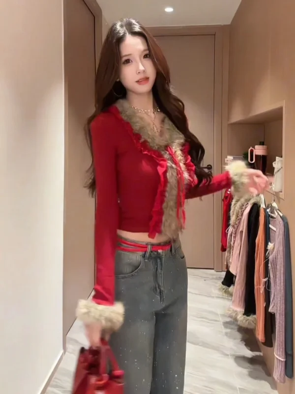 เสื้อถักไซส์ใหญ่ คอวี ทรงเอ แอโรสเฟียร์ สีแดง ฟูฟ่อง สไตล์เกาหลี แขนยาว ทรงปกติ สำหรับผู้หญิง