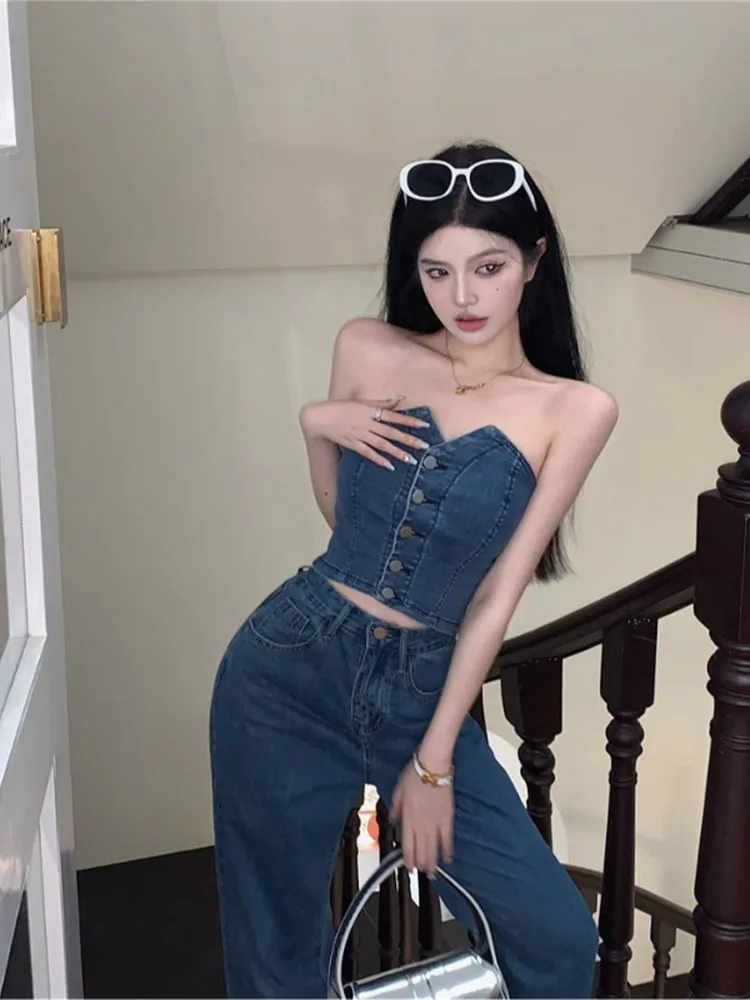 Vintage Blue Women Two Piece Denim Sets Single-Breasted Strapless Vest Tops High Waist Wide Leg Baggy Jeans Sets Hot Streetwear