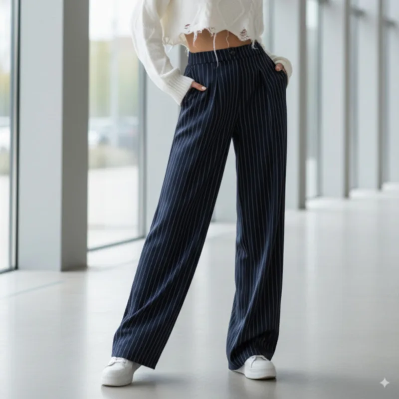 

Elegant Navy Striped Wide Leg Trousers For Office Or Streetwear Look Spring High Waist Loose Fit Full Length Drape Pants Design