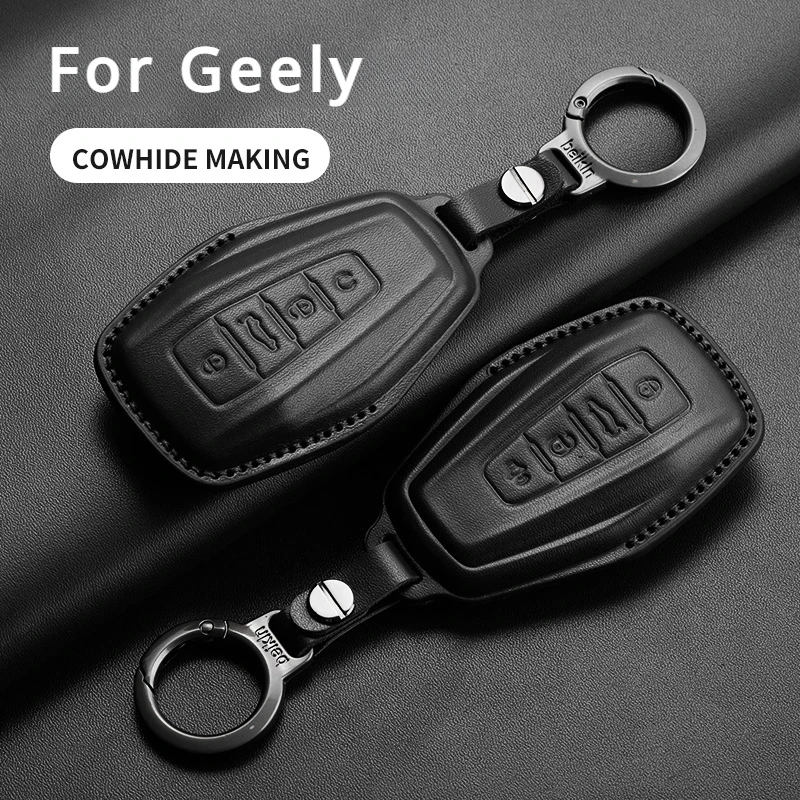 

4 Buttons Leather Car Remote Key Case Cover Shell For Geely Emgrand X7 EX7 Coolray 2019 2020 Protector Keyless Key Fob Keychain