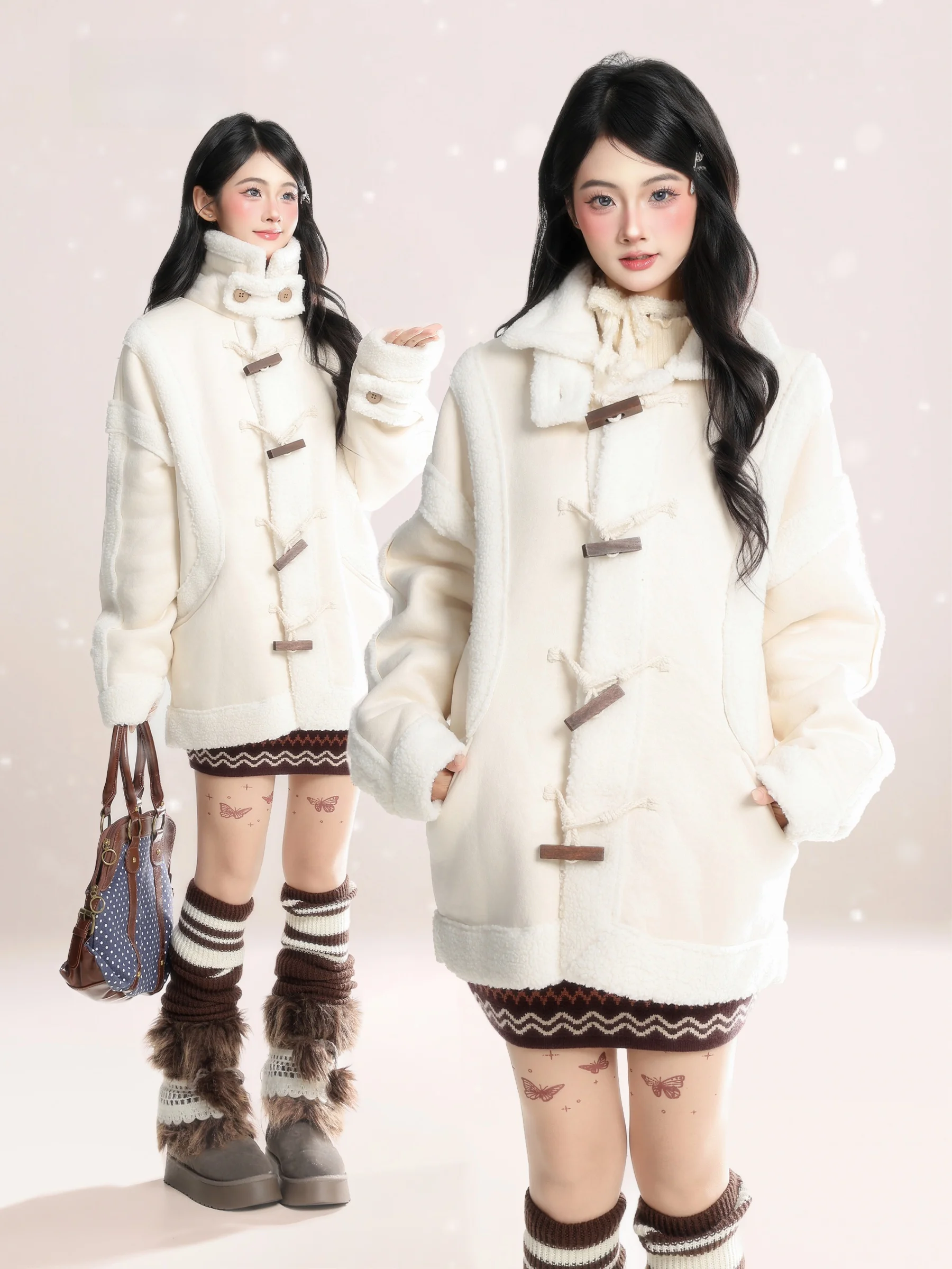 韓国風厚手ラムファースエード継ぎ継ぎ綿入りレディース冬用スタンドカラー一体型レザーファーコットンジャケット