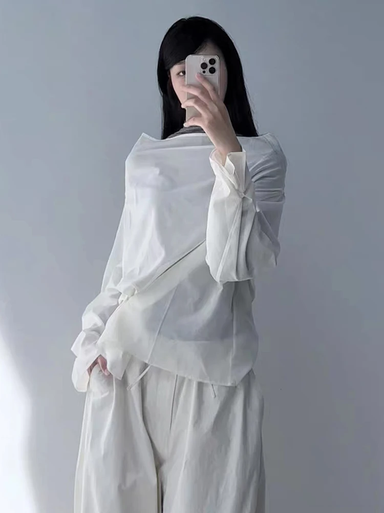 

Женская рубашка Amomento с длинным рукавом, двусторонняя, с воротником-стойкой, прозрачными пуговицами спереди, свободного кроя, из чистого хлопка, однотонная, осенняя новинка