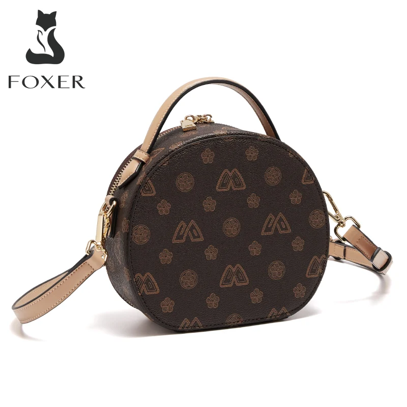 FOXER Sign PU Leather Women\'s Circular Messenger Bag Fashion Female Monogram Shoulder Crossbody Bag Girl PVC Round Small Handbag