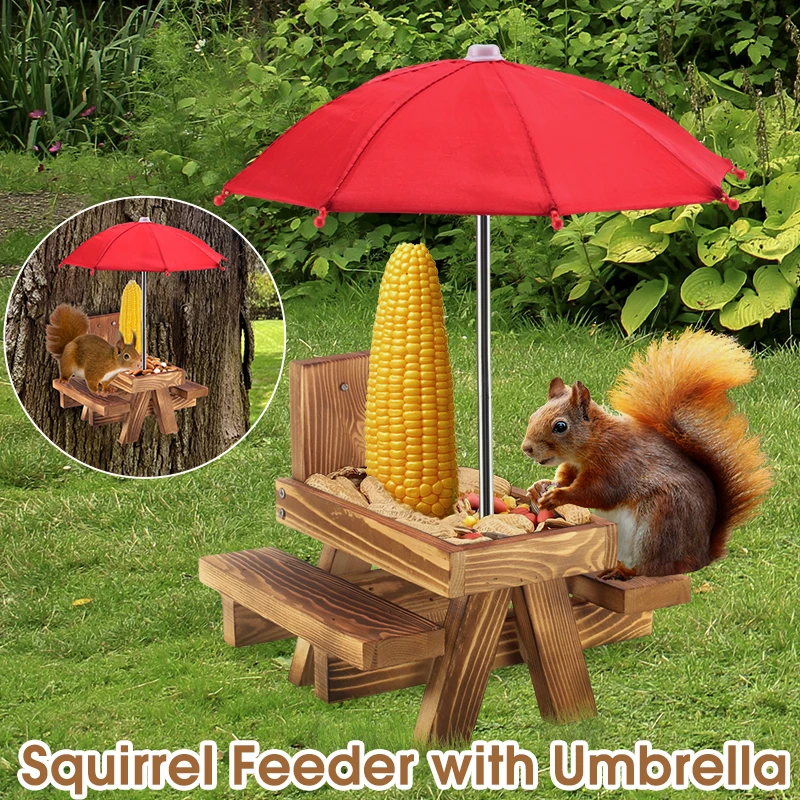 

D2 Wooden Squirrel Feeder With Umbrella And Corn Holder Pet Bird Squirrel Picnic Table Outdoor Backyard Porch Garden Decoration