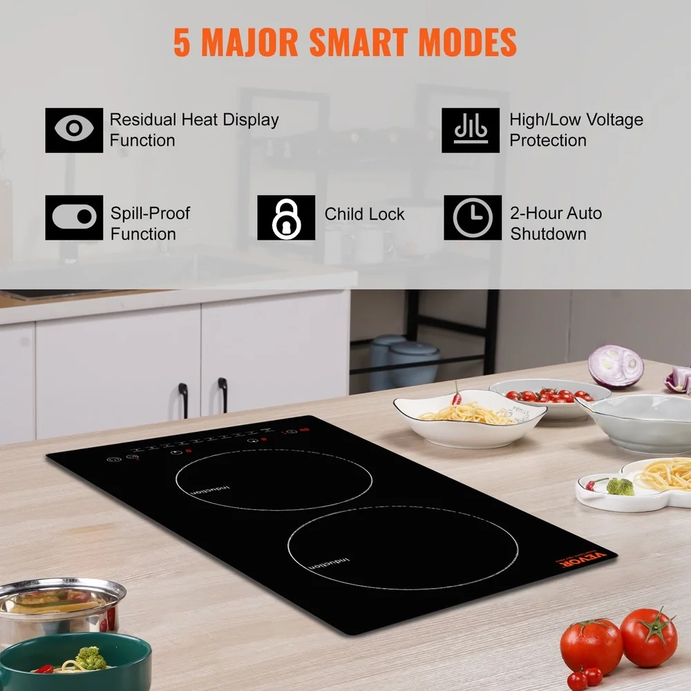 12 Inch Electric Cooktop 2 Burners 1800W Touch Control Built-In Induction Stove High Power Multi-Pot Cooking Safety Features