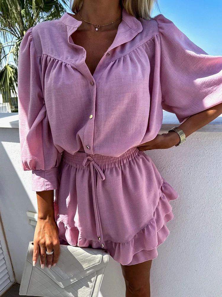 Women Loose Skirt Holiday Two Piece Set Casual Summer Streetwear Skirt Solid Outfit Female Button Shirt And Skirts Matching Suit