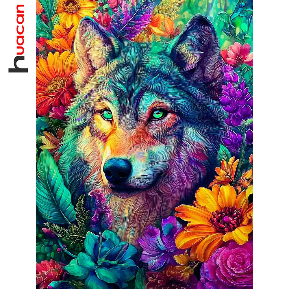 Huacan Vollquadratisches und rundes Diamantgemälde, Wolf, Blume, Diamantmosaik, Tierkunst, Bild aus Strass