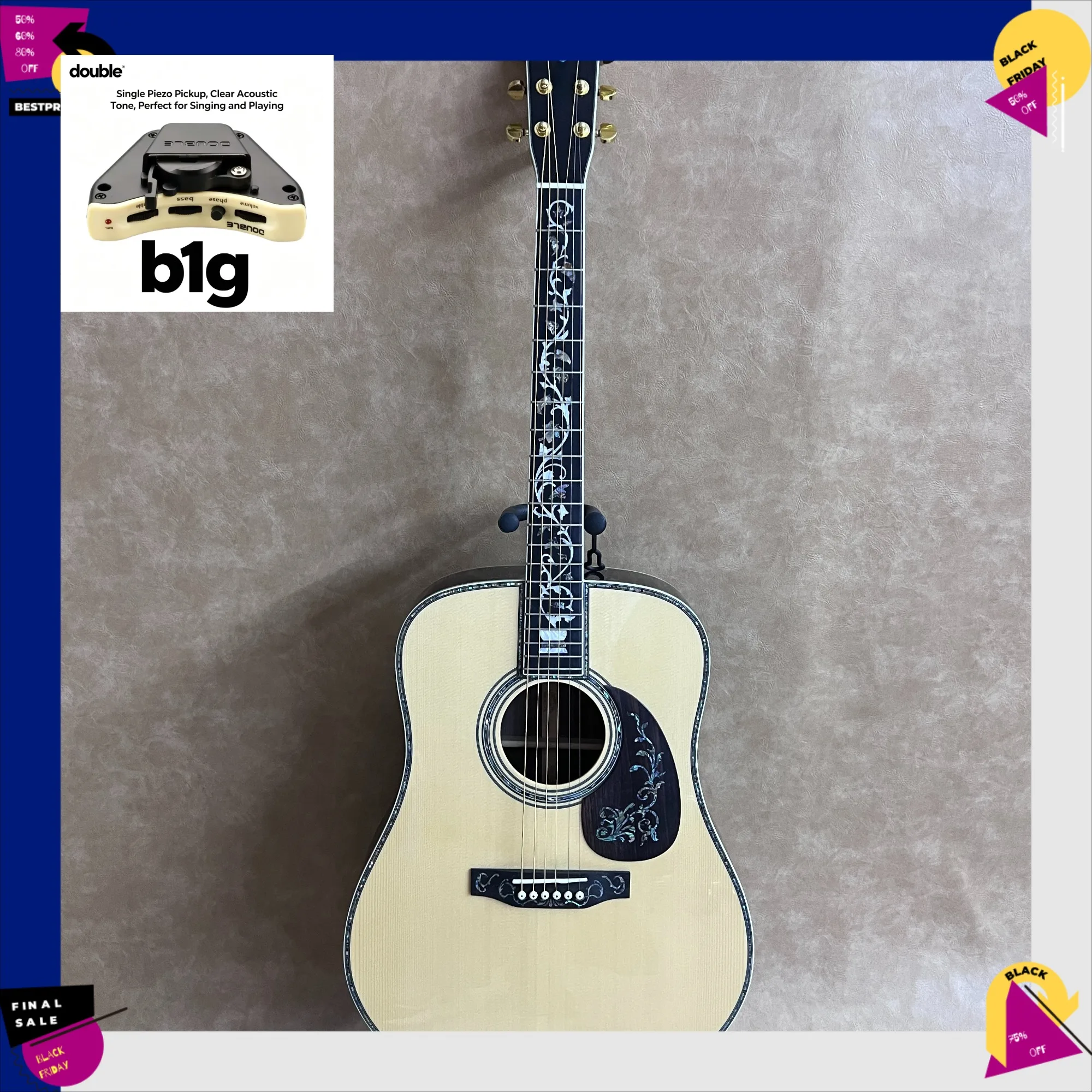 Free Shipping 41 Inch D45 Acoustic Guitar Natural Gloss Floral Inlay Abalone Binding Wood Guitar Fine Craft Folk Guitar Stage