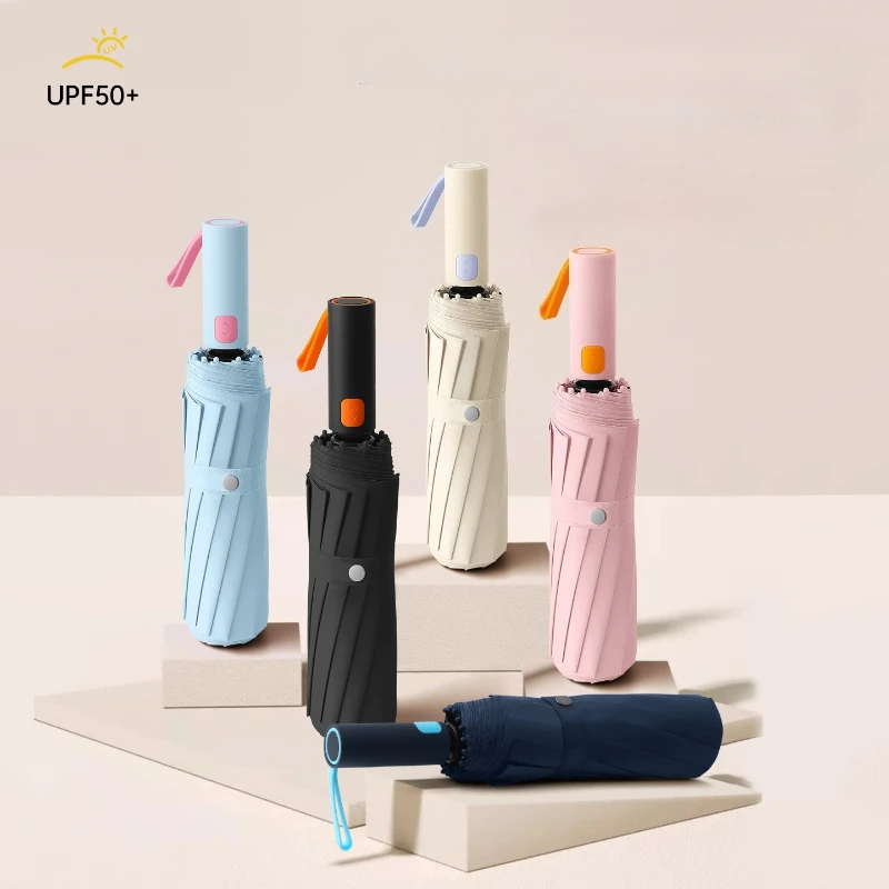 Automatic Sunny and Rainy Umbrella Black Coating Umbrellas Dual-purpose Wind-resistant Thickened Solid Color Business Umbrella