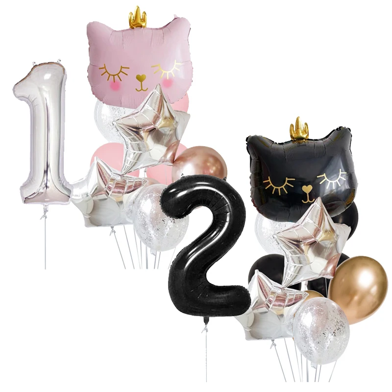 11 Pcs Pink Black Crown Cat Digital Aluminum Die Balloon Cartoon Character Wedding Happy Birthday Party Baby Shower Decorations