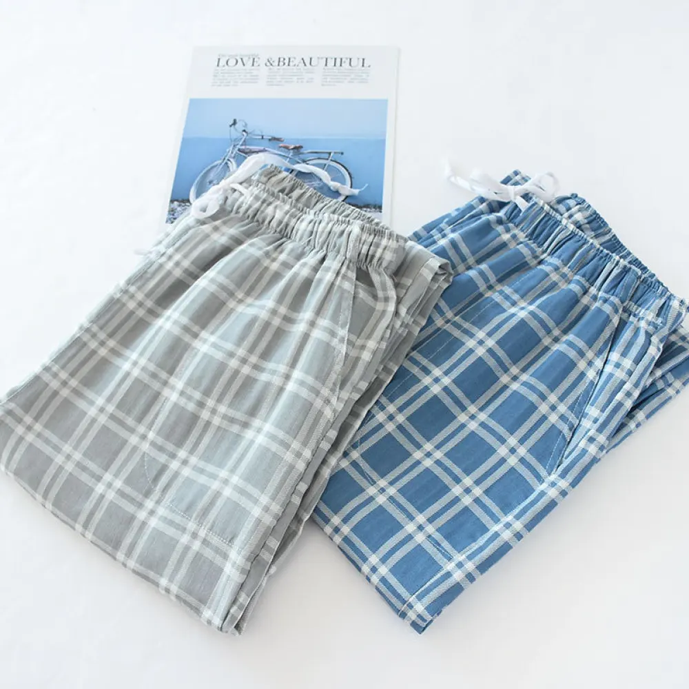 Breathable Mens Plaid Cotton Gauze Pajama Bottoms Loose Casual Home Lounge Trousers Summer Thin Comfortable Sleepwear
