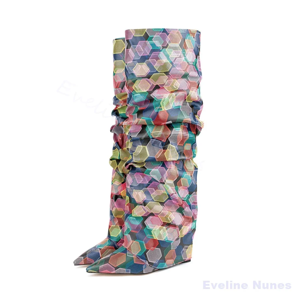 

PU Red Plaid Over The Knee Boots Women Wedges Pointed Toe Slip On Folding Boots 2026 Sexy Fashion Nightclub Stage Runway Boots