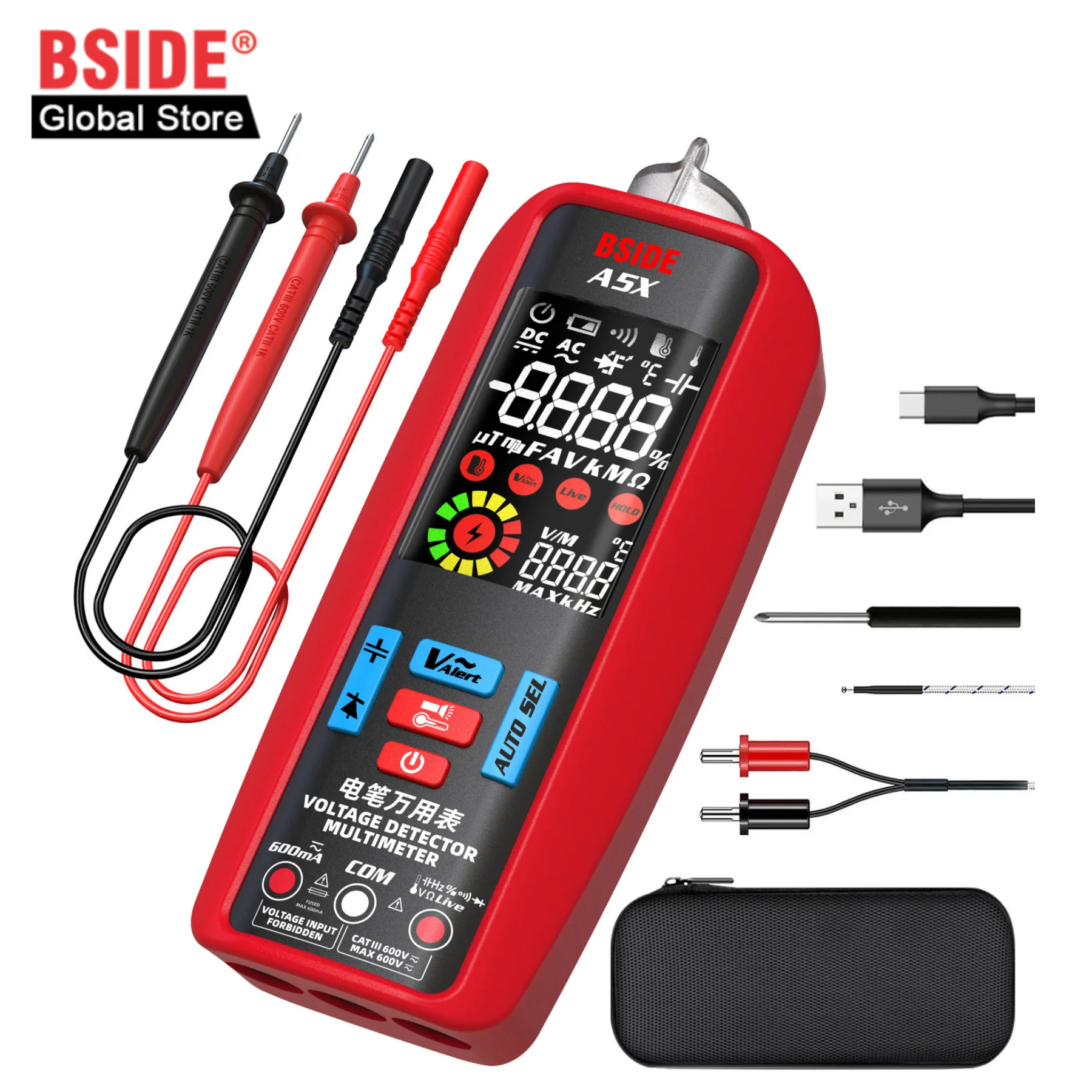 

TK HOT BSIDE A5/A5X Voltage Tester Smart Digital Multimeter Non-Contact Electrician Detector Voltmeter Ac Live Wire Ohm Hz NCV M