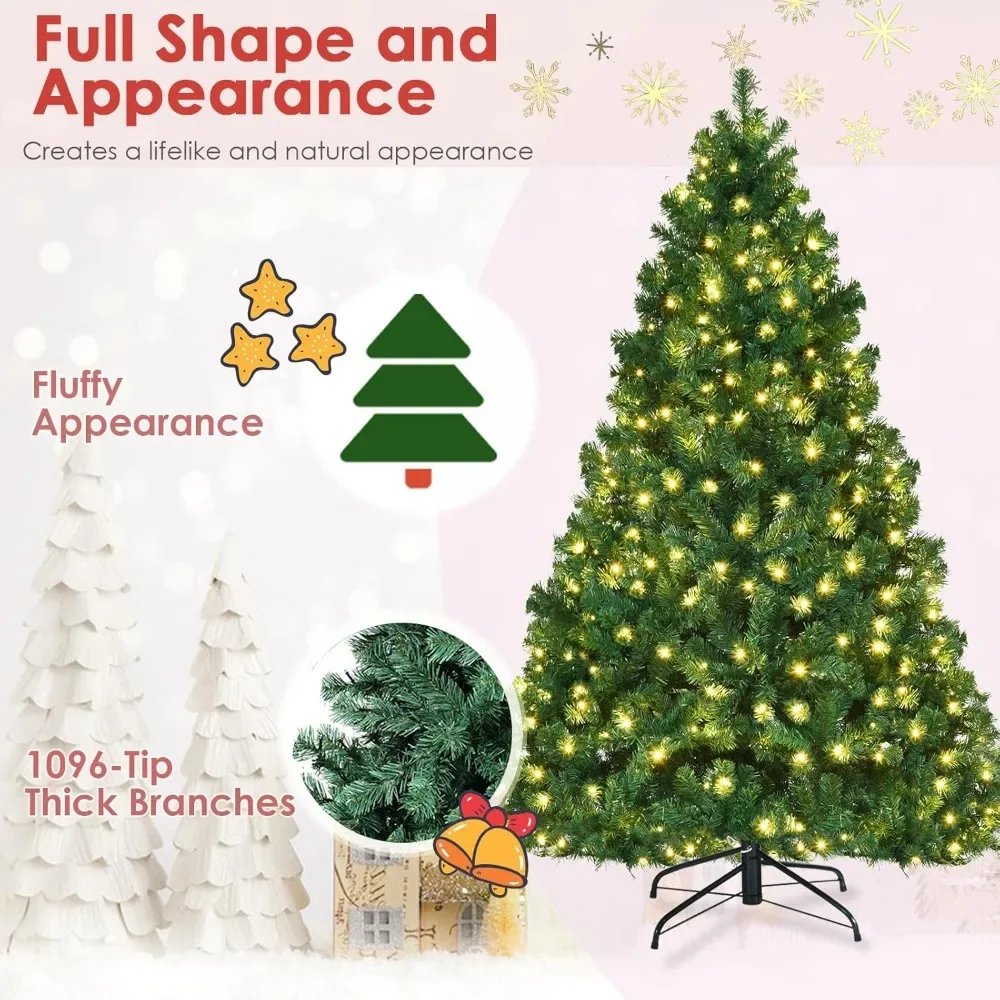 Christmas Tree 7ft Prelit Indoor Xmas Tree W/ 1096 PVC Branch, Pre-Strung 300 Warm White LED Lights & Metal Hinge Christmas Tree