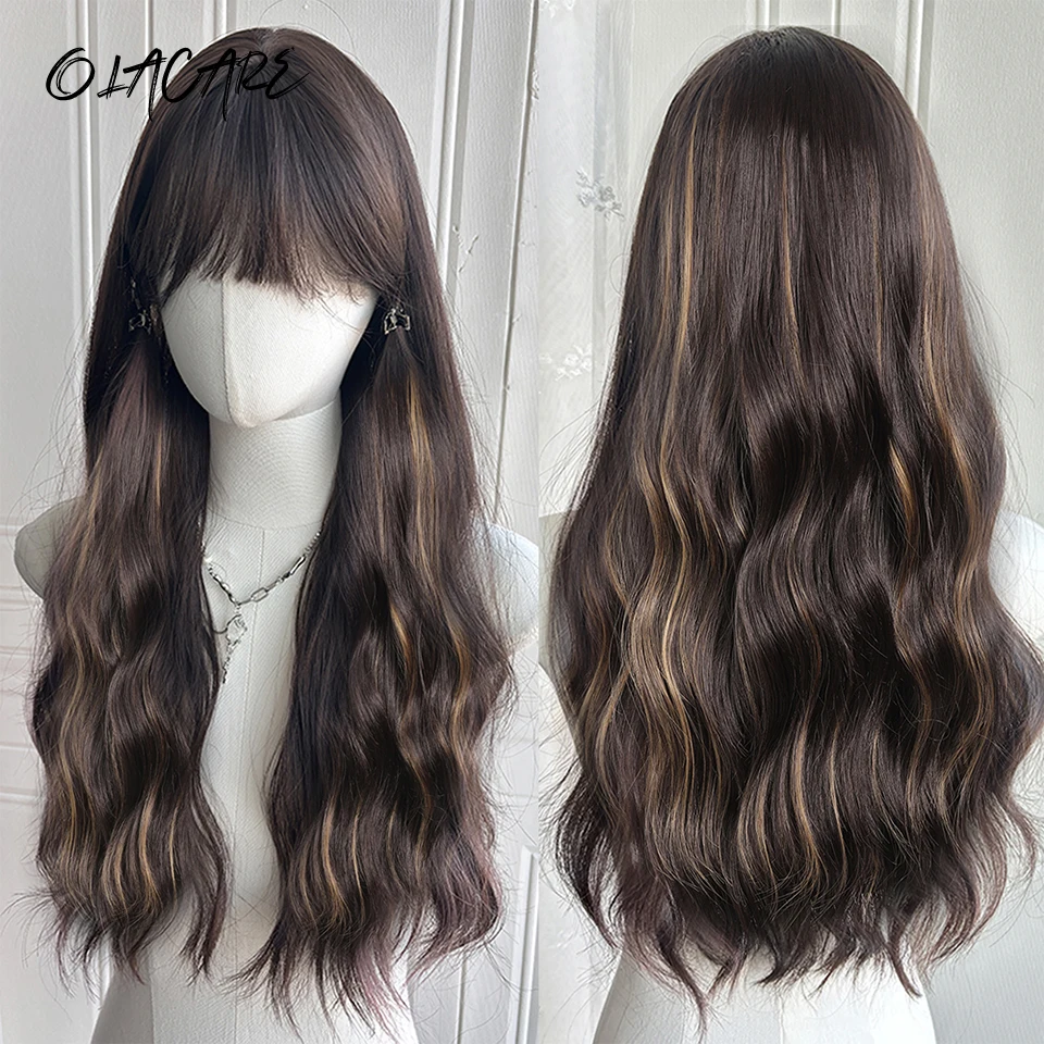 OLACARE Synthetic Long Wave Black Ombre Cosplay Wigs Heat Resistant Synthetic Wigs Bangs Natural Lolita Wigs For Women Halloween